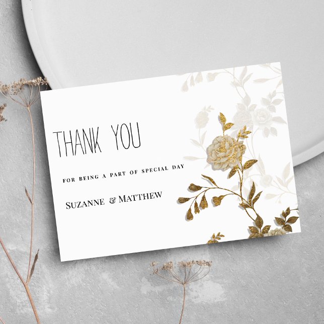 Invitación Moda simple purpurina de oro blanco floral Gracias (Simple chic white gold glitter floral Thank You)
