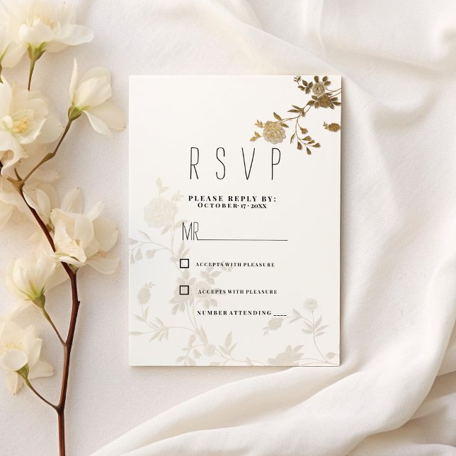 Invitación Moda simple purpurina de oro blanco floral RSVP (Simple chic white gold glitter floral RSVP )