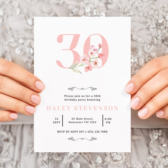 Invitación Moda simple Rubor Floral blanca rosa 30 cumpleaños (Subido por el creador)