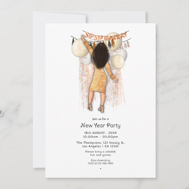 Invitación Moda Sip Sip Hooray Fiesta de Año Nuevo (Anverso)