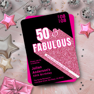 Invitación Moda Sparkling Black & Pink Fabulous 50 cumpleaños