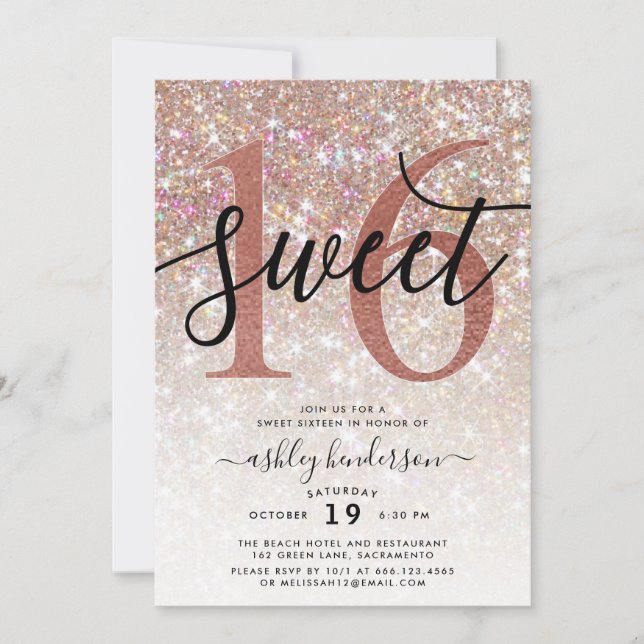 Invitación Moda Sparkly Champagne Purpurina dulce dieciséis (Anverso)