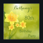 Invitación Moda Spring Daffodils Bokeh 80th Birthday Party<br><div class="desc">Elegantes daffodils de primavera, invitaciones para la celebración de la fiesta de cumpleaños número 80, con hermosas, románticas, flores de daffodil amarillas en un glamoroso, moderno, elegante, verde, borroso fondo con brillante efecto solar en el cielo. Clásico, moda, sofisticado, moderno, femenino, de moda, jovencito, contemporáneo invita a plantillas para la...</div>