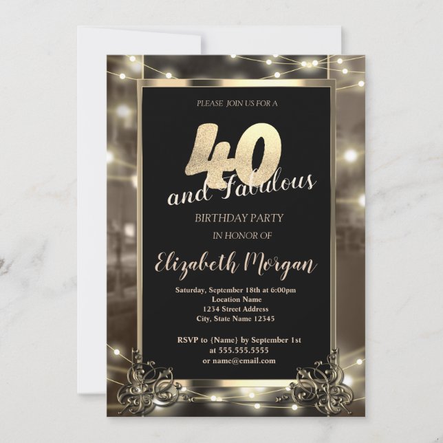 Invitación Moda String Lights 40th Birthday Fiesta (Anverso)