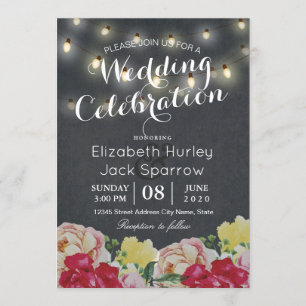 Invitación Moda String Luces Floral Negro Grunge Boda