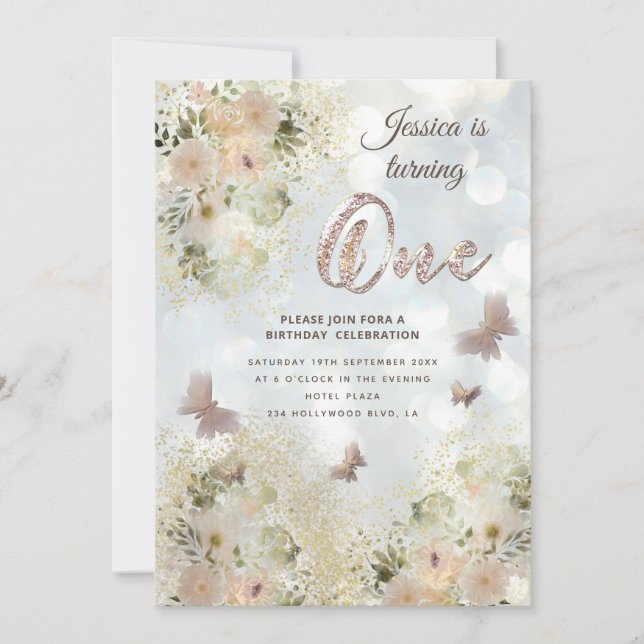 Invitación Moda suave mariposa floral jardín 1 cumpleaños (Anverso)