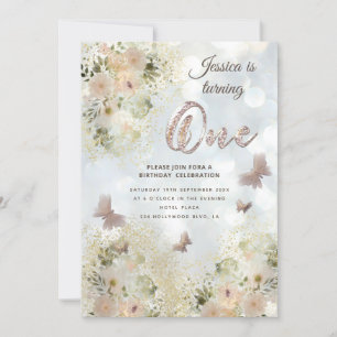 Invitación Moda suave mariposa floral jardín 1 cumpleaños