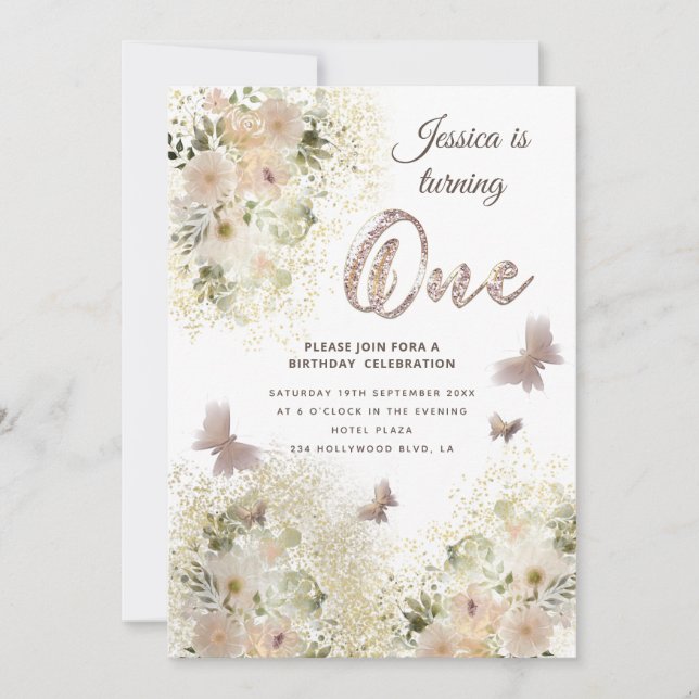 Invitación Moda suave mariposa floral jardín 1 cumpleaños (Anverso)