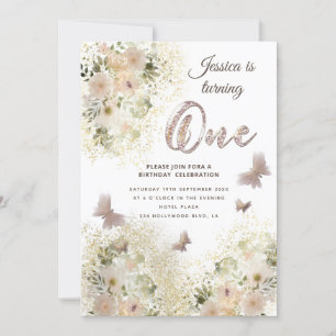 Invitación Moda suave mariposa floral jardín 1 cumpleaños