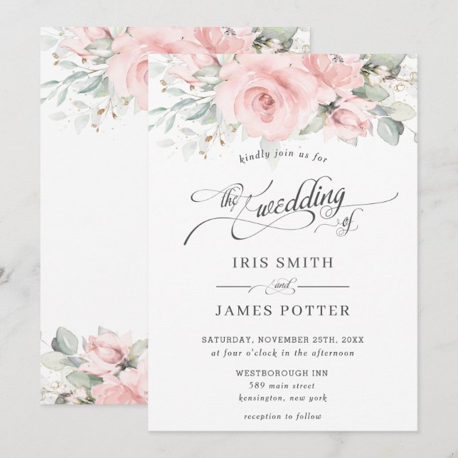 Invitación Moda suave Rubor Boda de vegetación floral rosa (Anverso / Reverso)