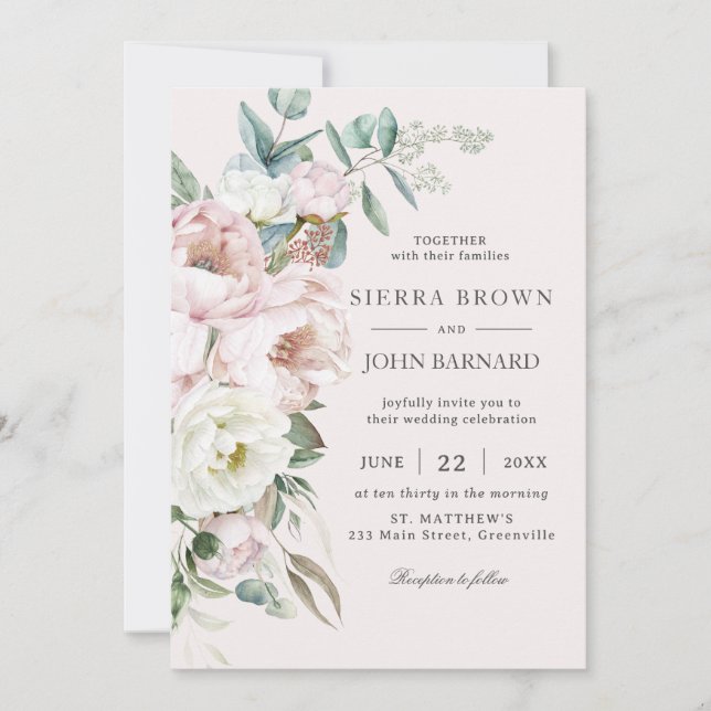 Invitación Moda suave Rubor rosa marfil-Boda floral (Anverso)