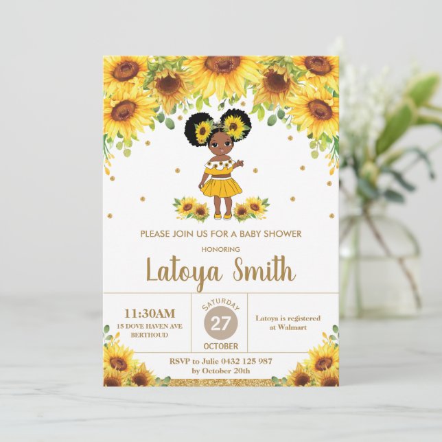 Invitación Moda Sunflower Chica afroamericano Baby Shower  (Anverso de pie)