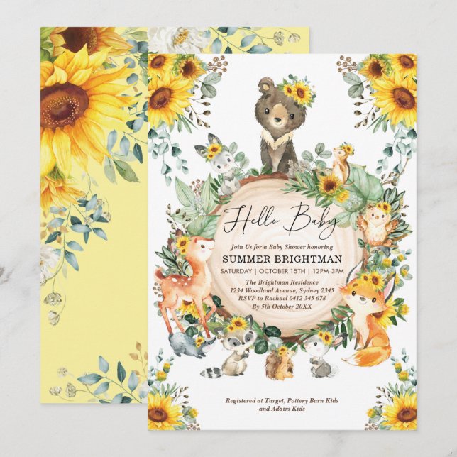Invitación Moda Sunflower Woodland Forest Animals Baby Shower (Anverso / Reverso)