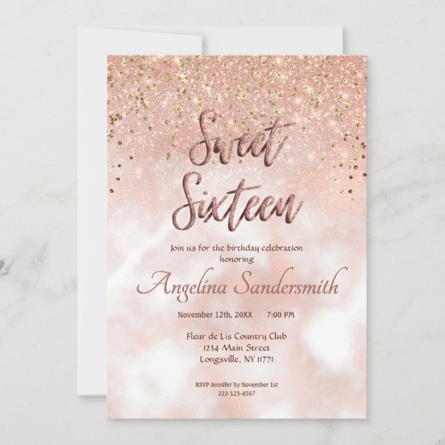 Invitación Moda Sweet 16 Purpurina Rubor Rosa Gold (Anverso)