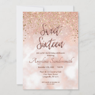 Invitación Moda Sweet 16 Purpurina Rubor Rosa Gold