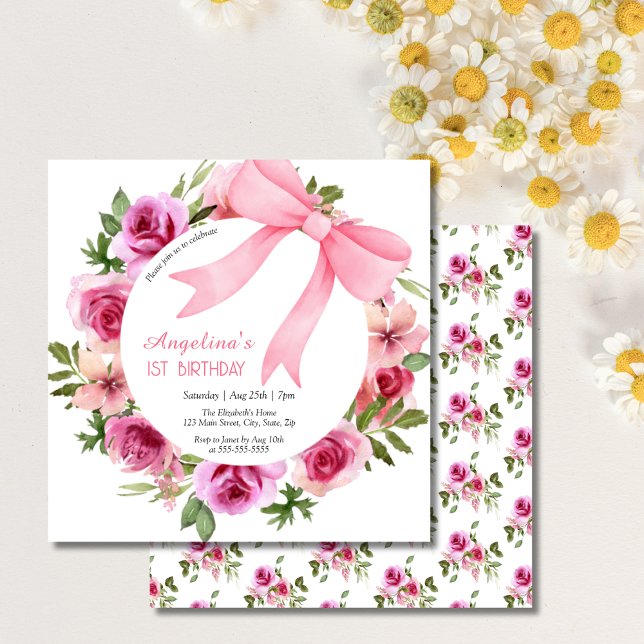 Invitación Moda Sweet Pink Bow Rosa Floral Cumpleaños (Subido por el creador)