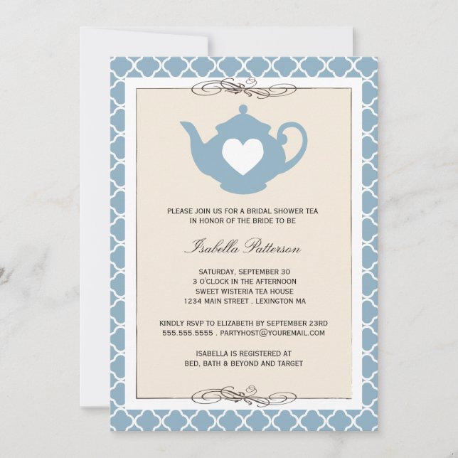 Invitación Moda Tan y Blue Teapot Bridal Shower Fiesta de té (Anverso)