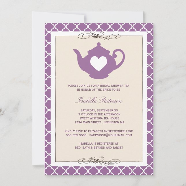 Invitación Moda Tan y Fiesta morado de té marital en tetera (Anverso)