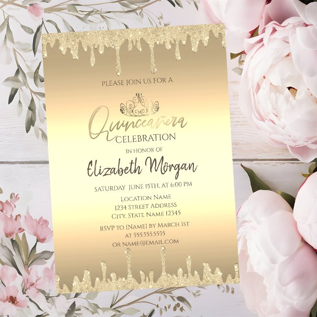 Invitación Moda Tara de Oro, Purpurina Drin Oro Quinceañera (Subido por el creador)