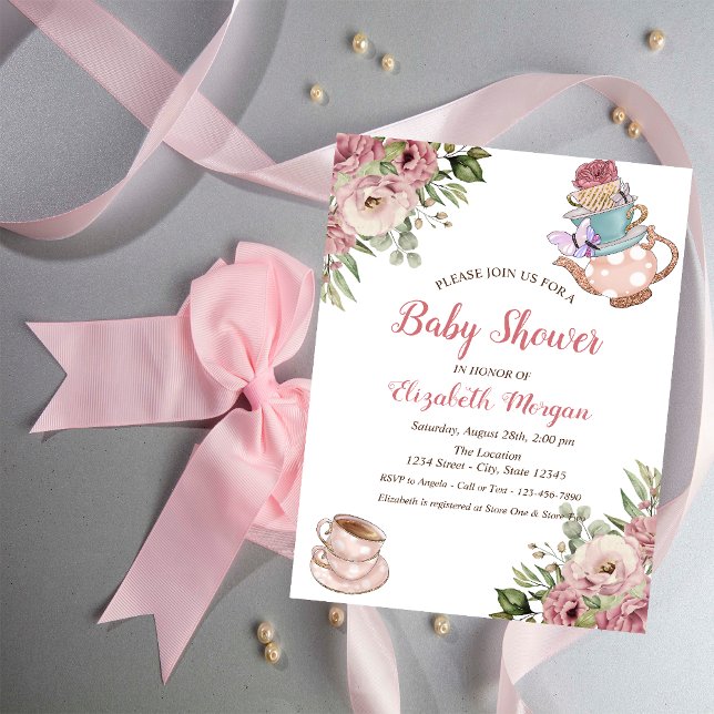 Invitación Moda Teapot Tea cup Floral Baby Shower (Subido por el creador)