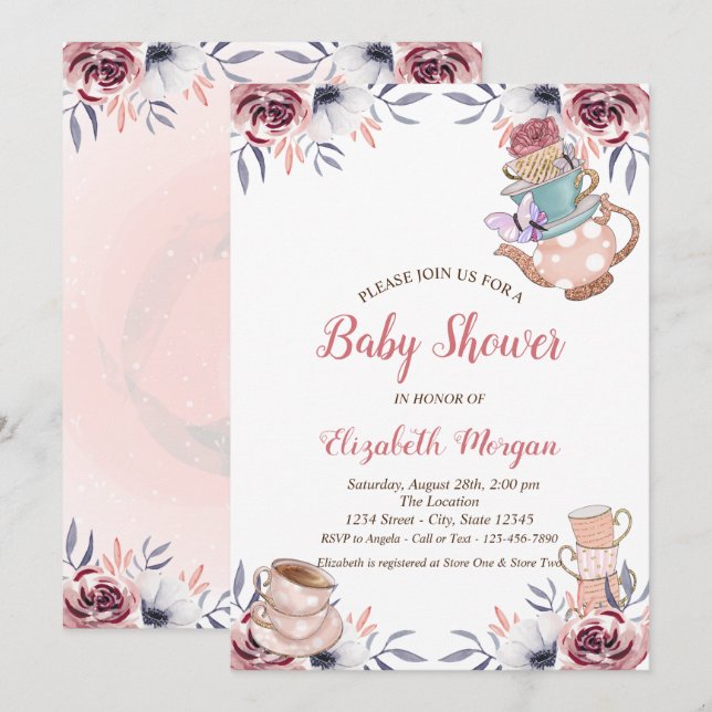 Invitación Moda Teapot Tea cup Floral Tea Fiesta Baby Shower (Anverso / Reverso)
