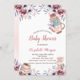 Invitación Moda Teapot Tea cup Floral Tea Fiesta Baby Shower