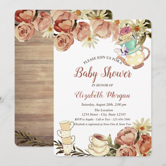 Invitación Moda Teapot Tea cup Flores Wood Baby Shower (Anverso / Reverso)