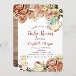 Invitación Moda Teapot Tea cup Flores Wood Baby Shower