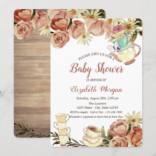Invitación Moda Teapot Tea cup Flores Wood Baby Shower