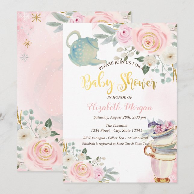 Invitación Moda Teapot Tea cup Flowers rosado Baby Shower (Anverso / Reverso)