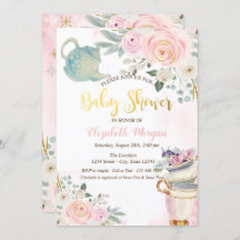 Moda Teapot Tea cup Flowers rosado Baby Shower