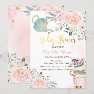Invitación Moda Teapot Tea cup Flowers rosado Baby Shower