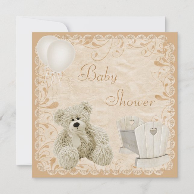 Invitación Moda Teddy & Crib Neutral Baby Shower (Anverso)