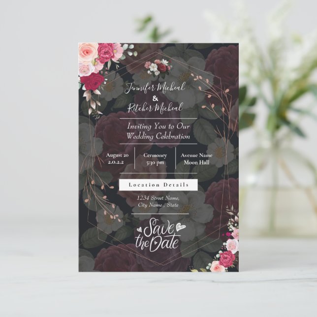 Invitación Moda Tema blanco y negro con flores de Borgoña  (Anverso de pie)