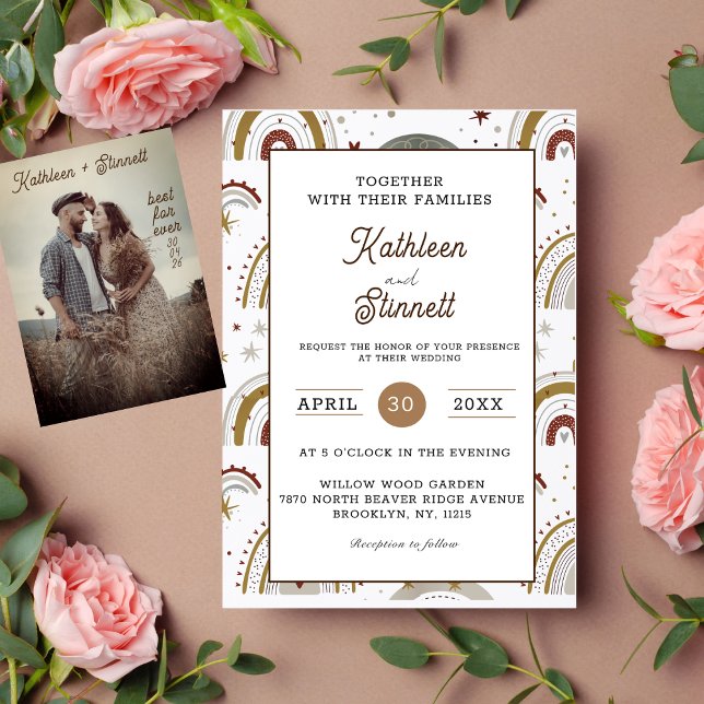 Invitación Moda Terracota Negrita Brillante Boho boda arcoiri (This wedding invitation is a rainbow of boho beauty, with terracotta colors and a modern design.)