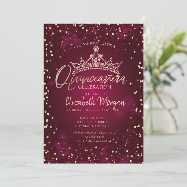 Invitación Moda Tiara, Diamonds Burgundy Quinceañera (Anverso de pie)