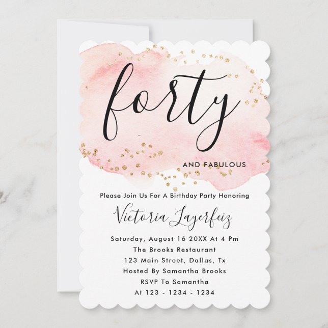 Invitación Moda Tipografía de oro rosado negro 40 cumpleaños (Anverso)