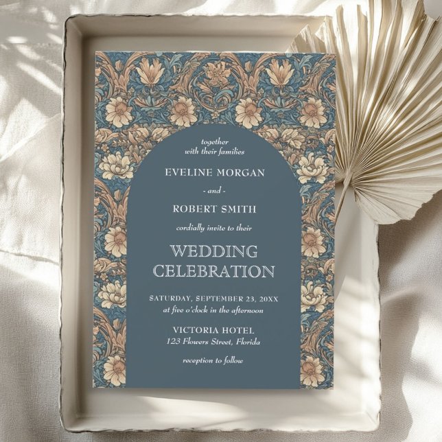 Invitación Moda tonos marrones polvorientos marfil azul flora (Chic brown hues dusty blue ivory floral Nouveau Invitation)