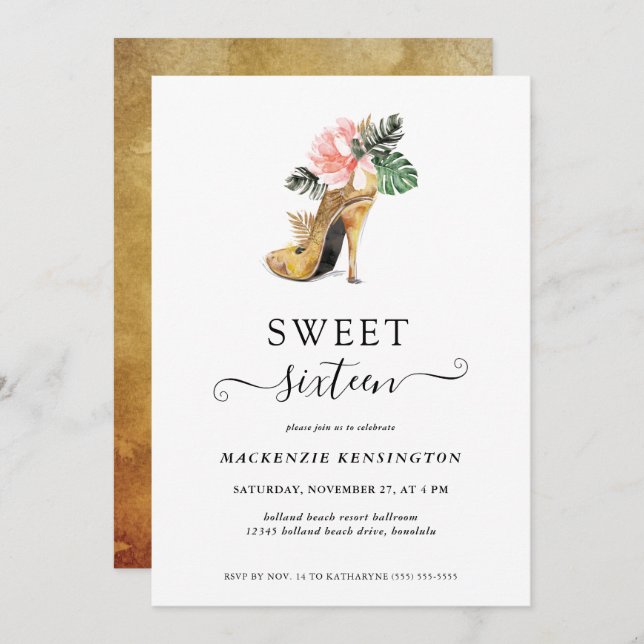 Invitación Moda Toros de oro Floral Dulce 16 Cumpleaños (Anverso / Reverso)