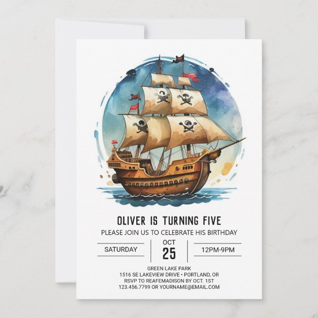 Invitación Moda Treasure Map Jolly Roger Pirate Cumpleaños (Anverso)