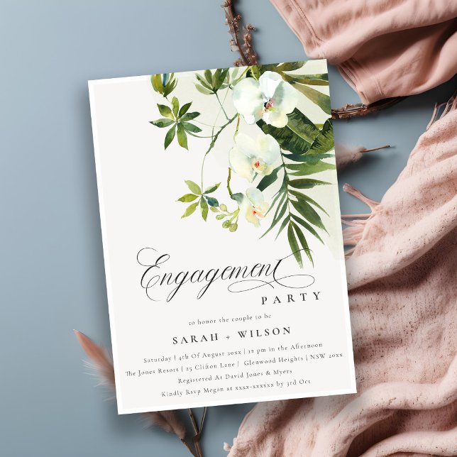 Invitación Moda Tropical Compromiso con la palma blanca de or (Subido por el creador)
