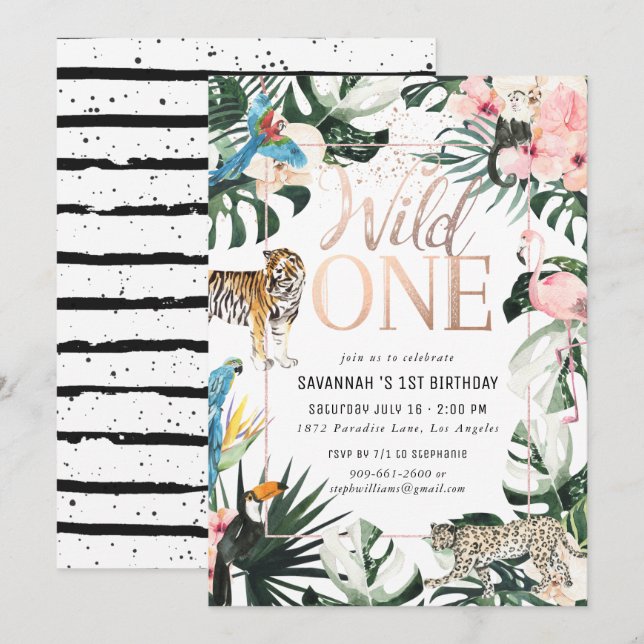 Invitación Moda tropical | Fiesta de cumpleaños de Pink Wild (Anverso / Reverso)