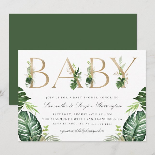 Invitación Moda Tropical Greenery Gold Typography Baby Shower (Anverso / Reverso)