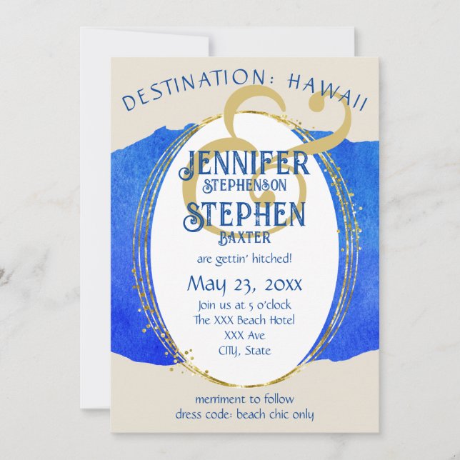 Invitación Moda Tropical Playa Oro Azul Boda de Destino (Anverso)