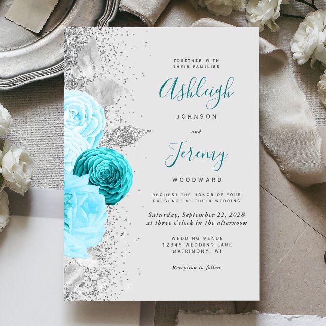 Invitación Moda Turquesa Floral Purpurina  Gris Boda (Subido por el creador)