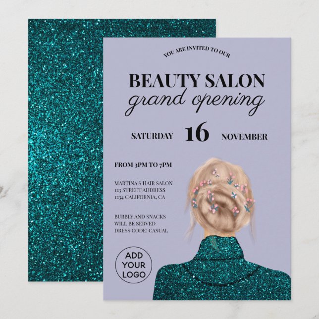 Invitación Moda turquesa salón de belleza purpurina gran inau (Anverso / Reverso)