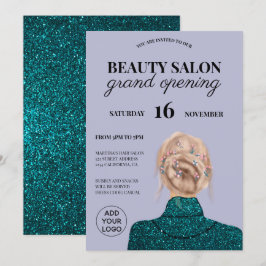 Invitación Moda turquesa salón de belleza purpurina gran inau