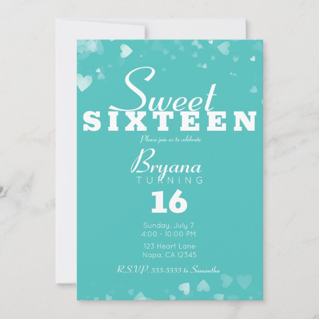 Invitación Moda Turquesa Verde azulada y Blanca Corazón Dulce (Anverso)
