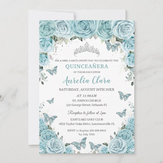 Invitación Moda Turquoise Floral Butterflies Quinceañera (Anverso)