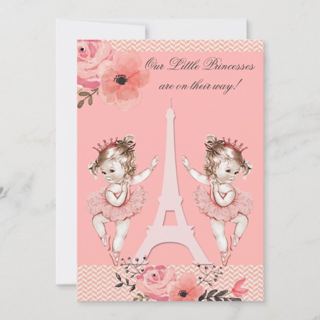 Invitación Moda Twin Ballerinas Floral París Baby Shower (Anverso)